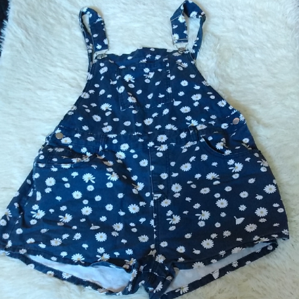 SHEIN Navy Blue Daisy Print Girls' Short Overalls